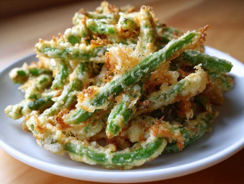 A close-up of a pile of Air Fryer Crispy Tempura Green Beans on a white plate.