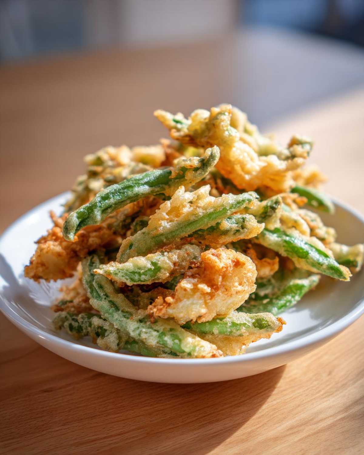A white bowl filled with golden, crispy Air Fryer Crispy Tempura Green Beans resting on a wooden surface.