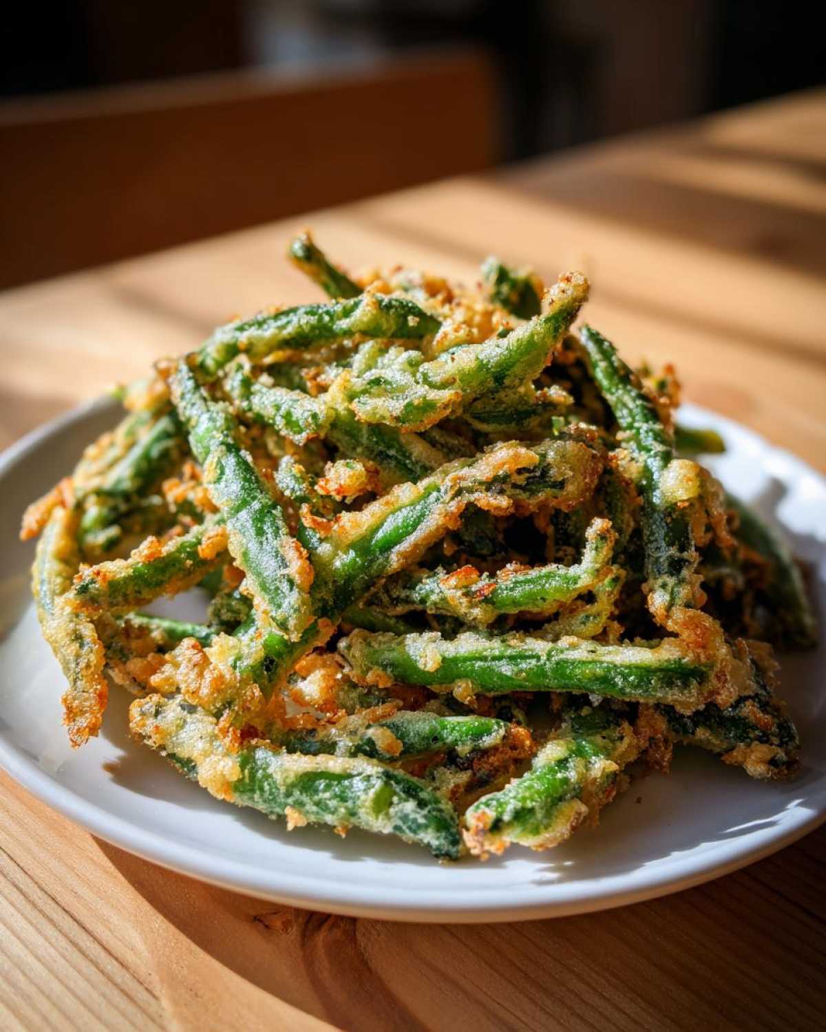 A pile of golden, crispy Air Fryer Crispy Tempura Green Beans served on a white plate.