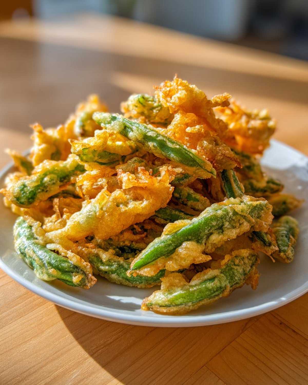 A pile of golden brown, crispy Air Fryer Crispy Tempura Green Beans served on a white plate.