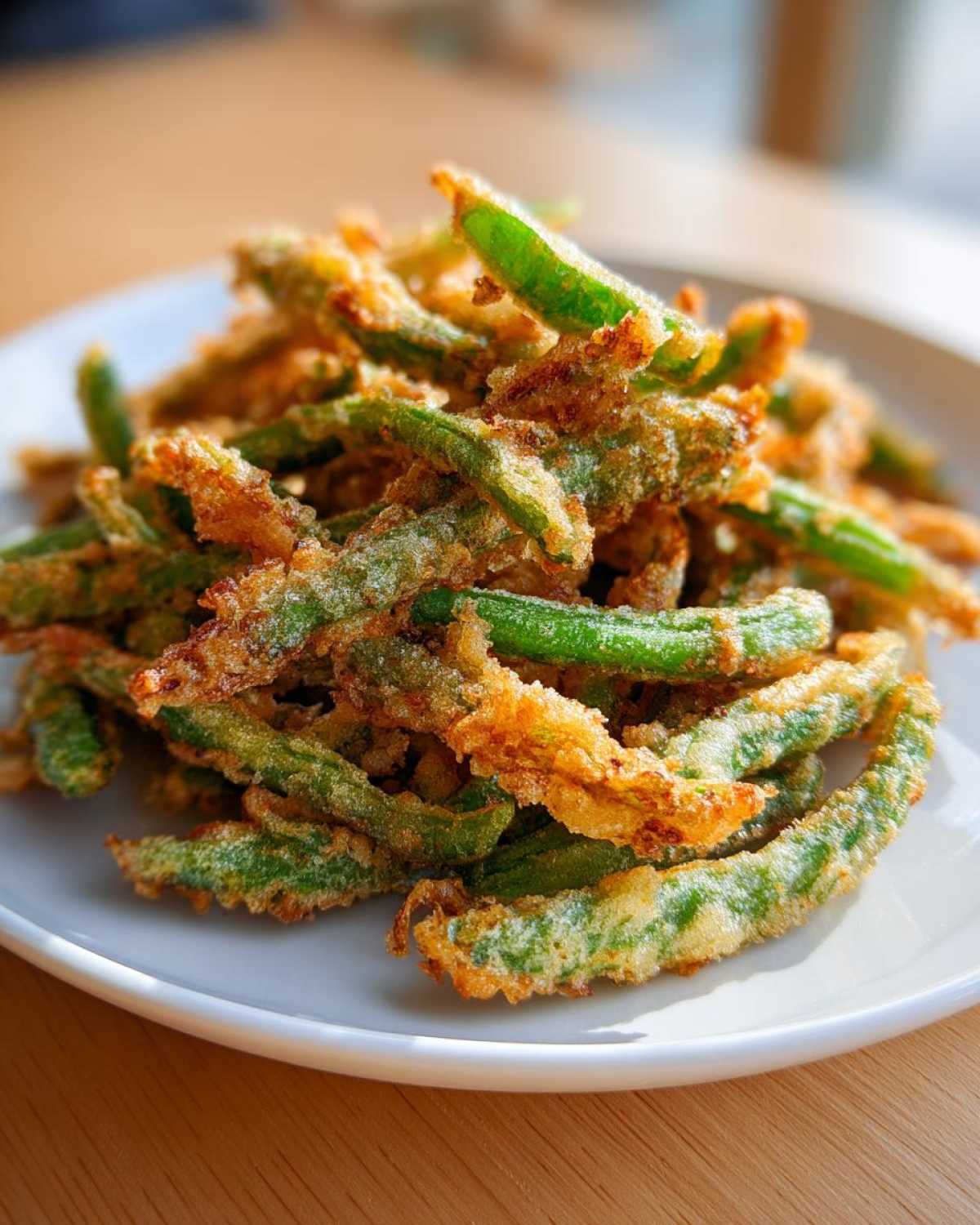 A pile of golden brown Air Fryer Crispy Tempura Green Beans served on a white plate.