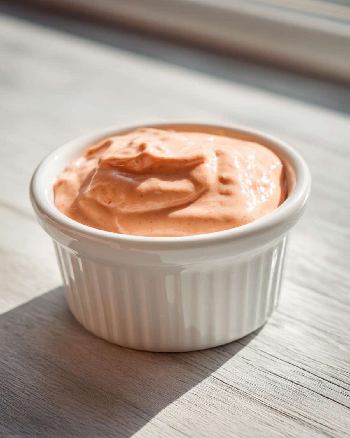 A small white ramekin filled with creamy, orange-hued Copycat Outback Bloomin' Onion Sauce.