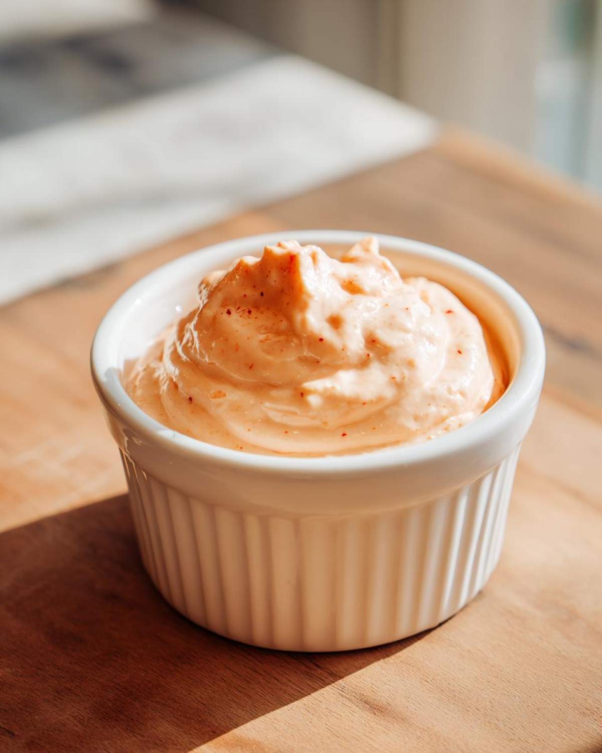 Close-up of creamy, orange-tinted Copycat Outback Bloomin' Onion Sauce in a white fluted ramekin.