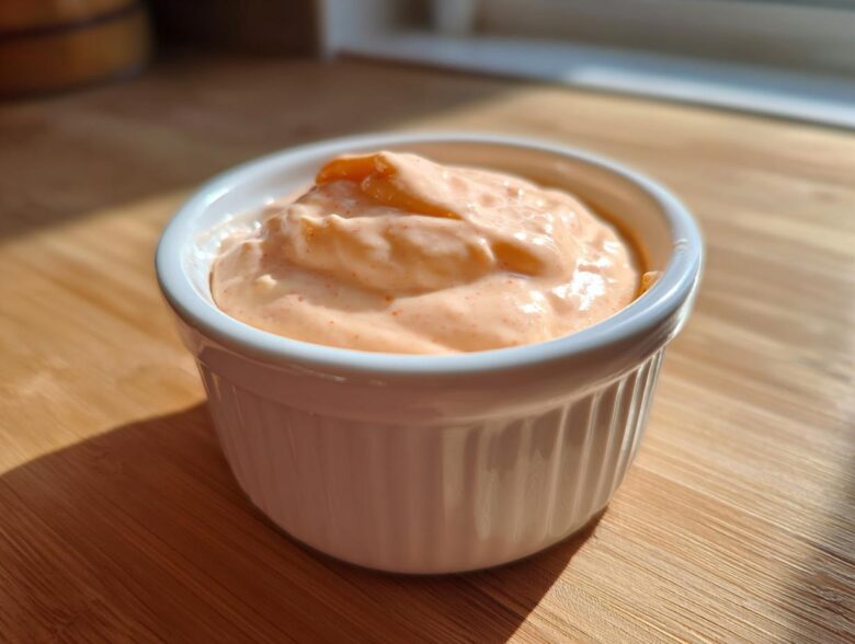 Close-up of creamy, orange-tinted Copycat Outback Bloomin' Onion Sauce served in a white ramekin.