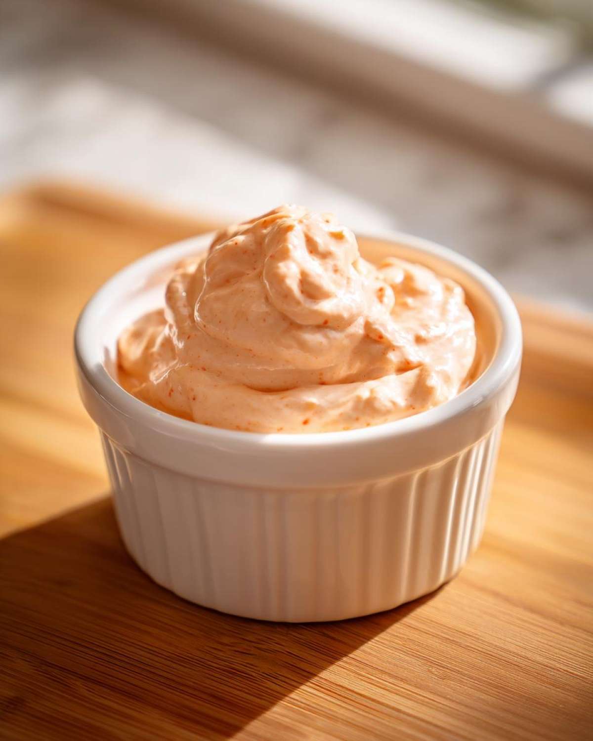 Close-up of creamy, orange-tinted Copycat Outback Bloomin' Onion Sauce swirled in a white ramekin.