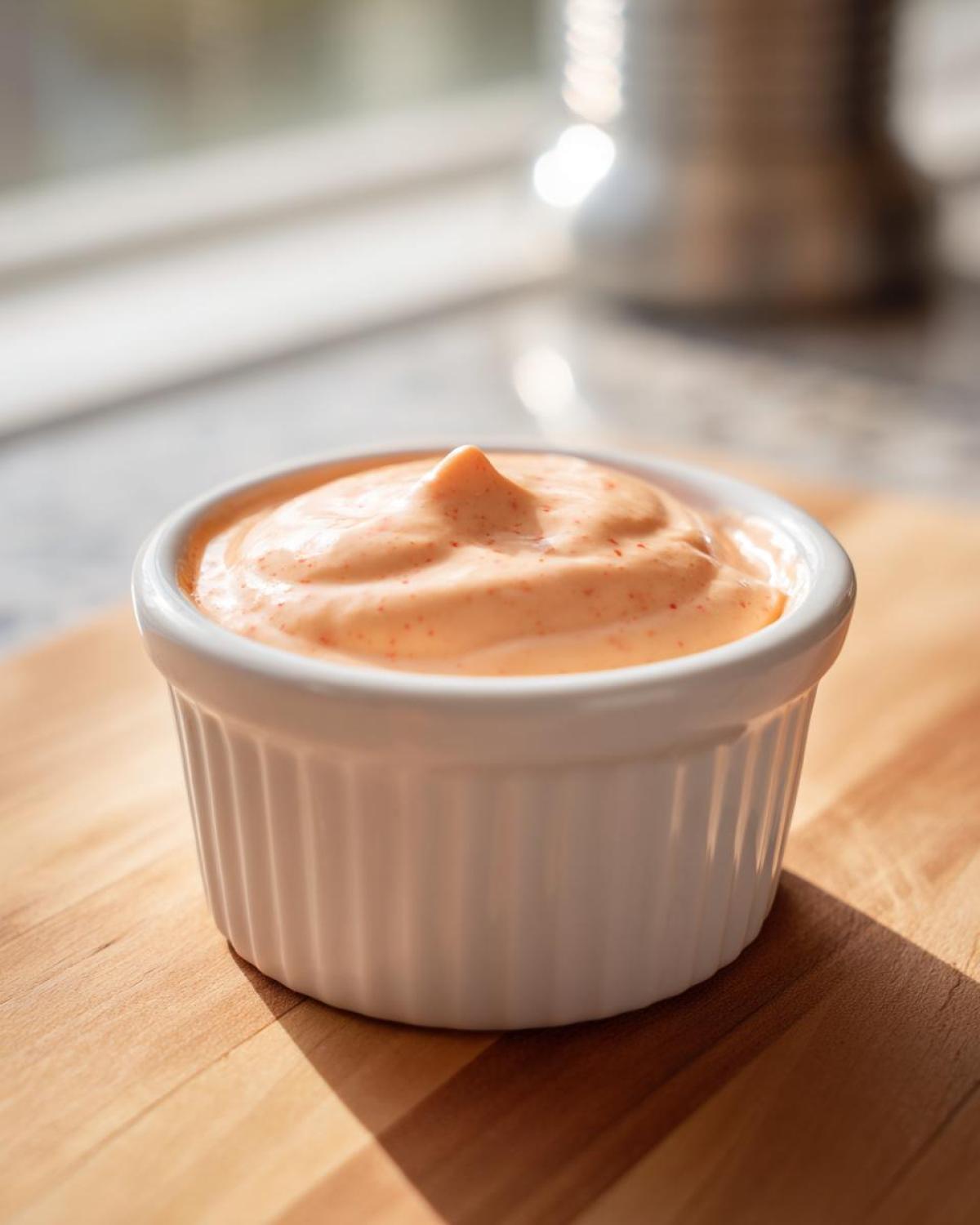 Close-up of creamy, orange-hued Copycat Outback Bloomin' Onion Sauce in a white ramekin.