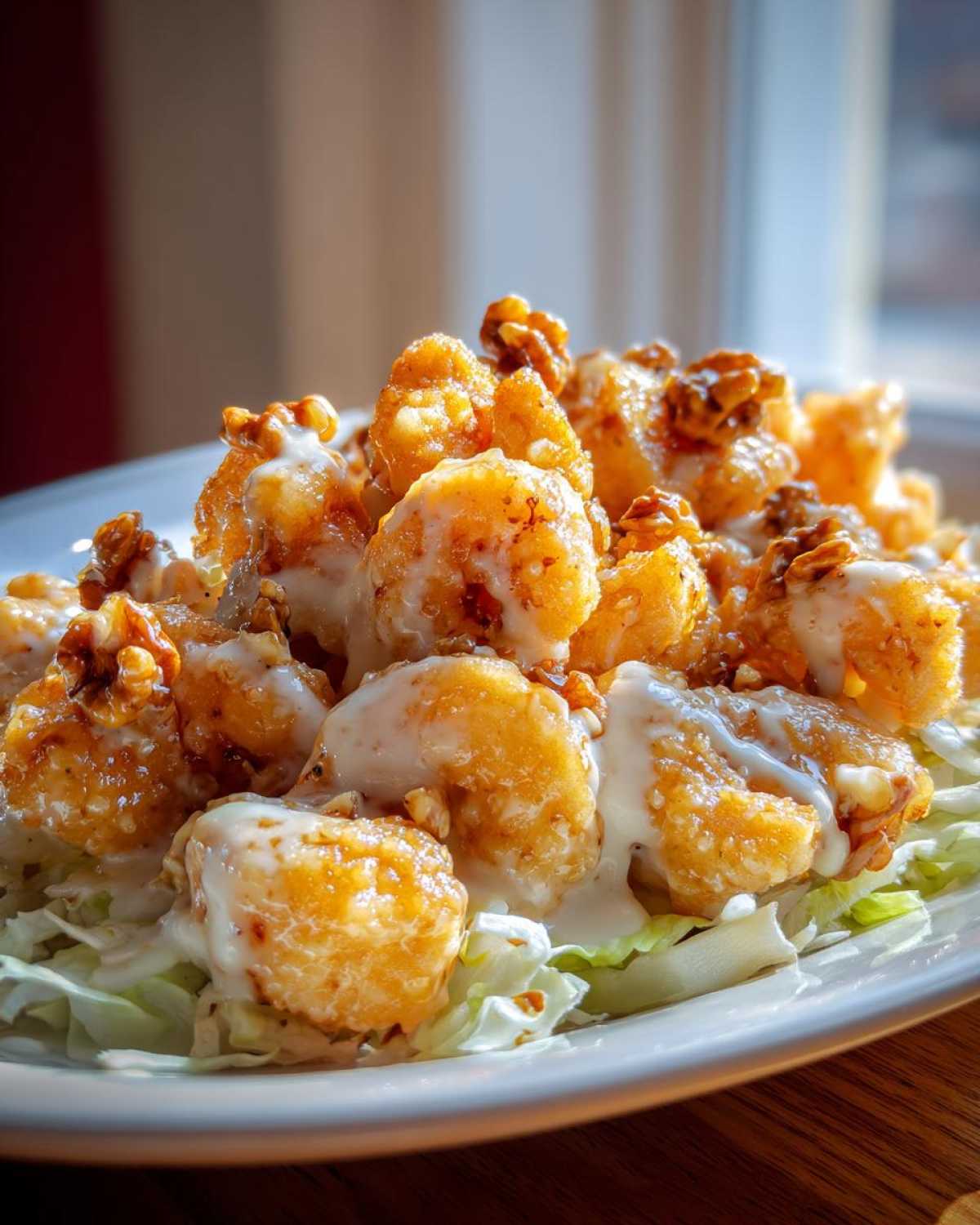 Close-up of Copycat Panda Express Honey Walnut Shrimp piled high on shredded lettuce with creamy sauce and walnuts.