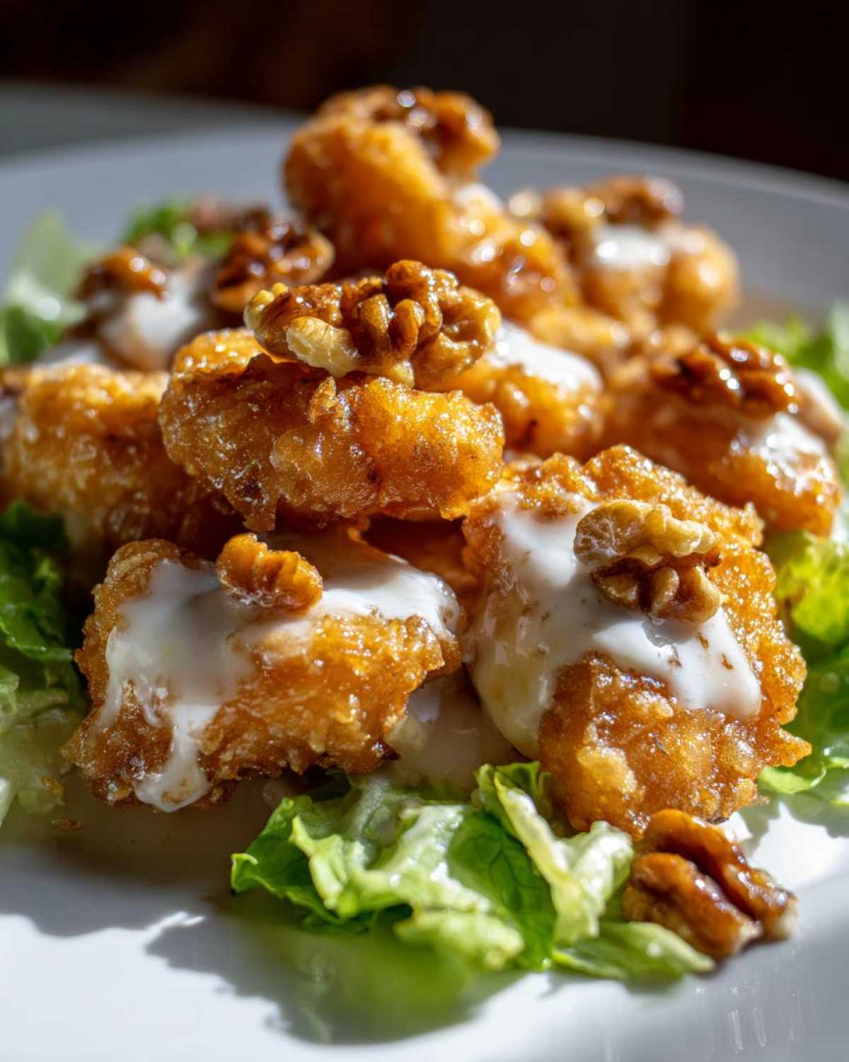 Close-up of crispy Copycat Panda Express Honey Walnut Shrimp drizzled with creamy sauce and topped with candied walnuts.
