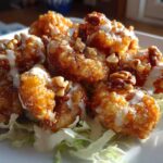 Close-up of crispy Copycat Panda Express Honey Walnut Shrimp drizzled with creamy sauce and topped with walnuts.