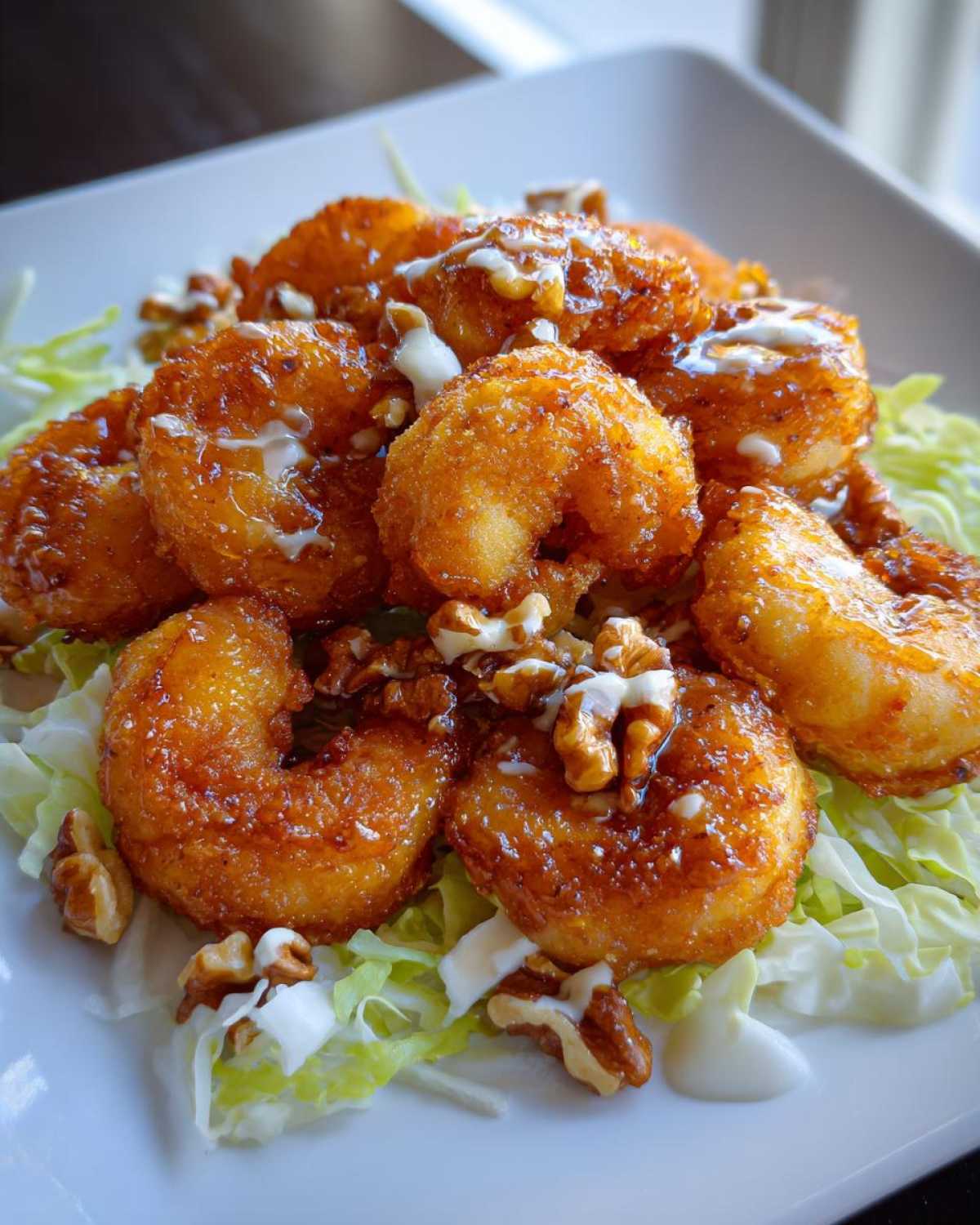 Close-up of Copycat Panda Express Honey Walnut Shrimp, glazed and topped with walnuts over shredded lettuce.