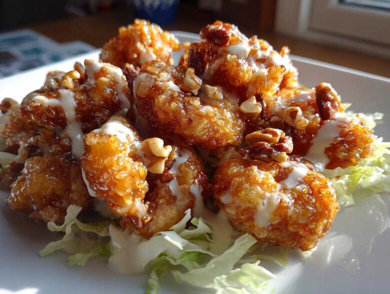 Close-up of crispy Copycat Panda Express Honey Walnut Shrimp drizzled with creamy sauce and topped with walnuts.