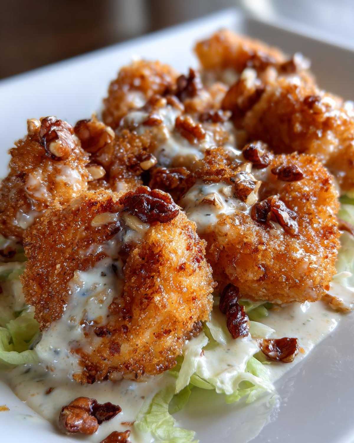 Close-up of crispy fried shrimp topped with creamy sauce and candied walnuts, part of Copycat Panda Express Honey Walnut Shrimp.