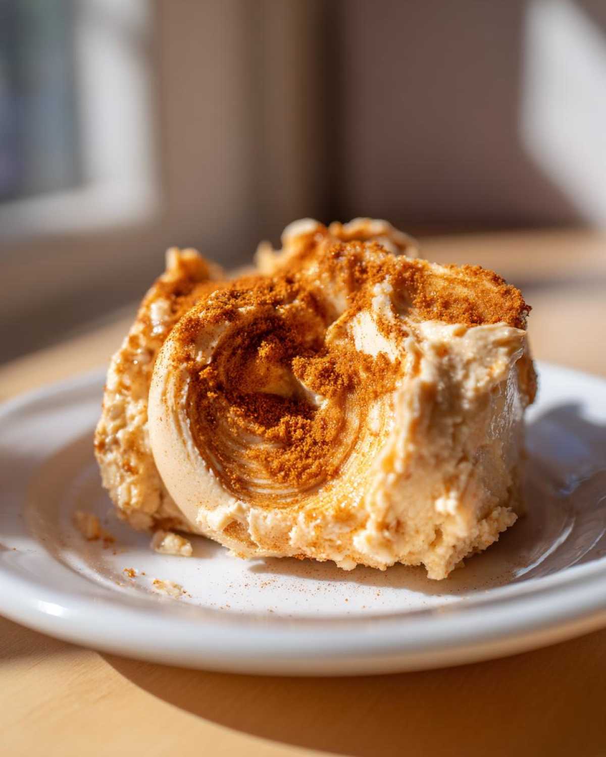A swirl of Copycat Texas Roadhouse Cinnamon Honey Butter topped with cinnamon powder on a white plate.