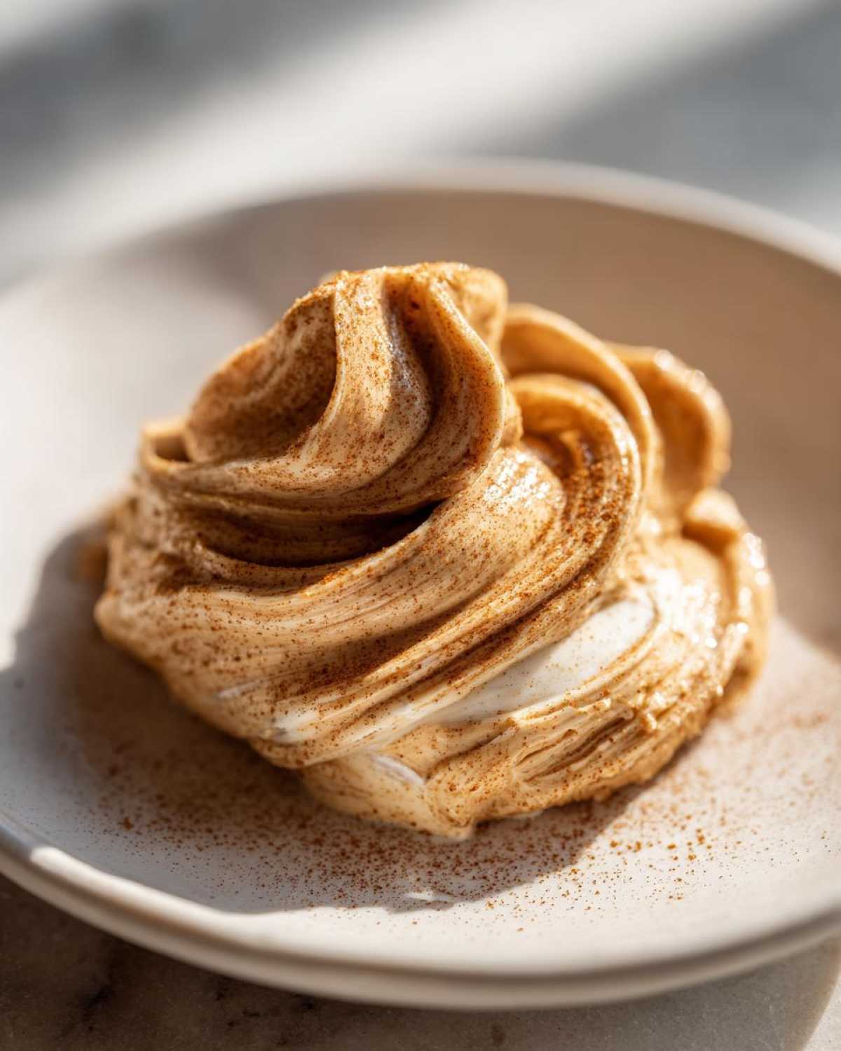 A swirl of Copycat Texas Roadhouse Cinnamon Honey Butter dusted with cinnamon on a light plate.