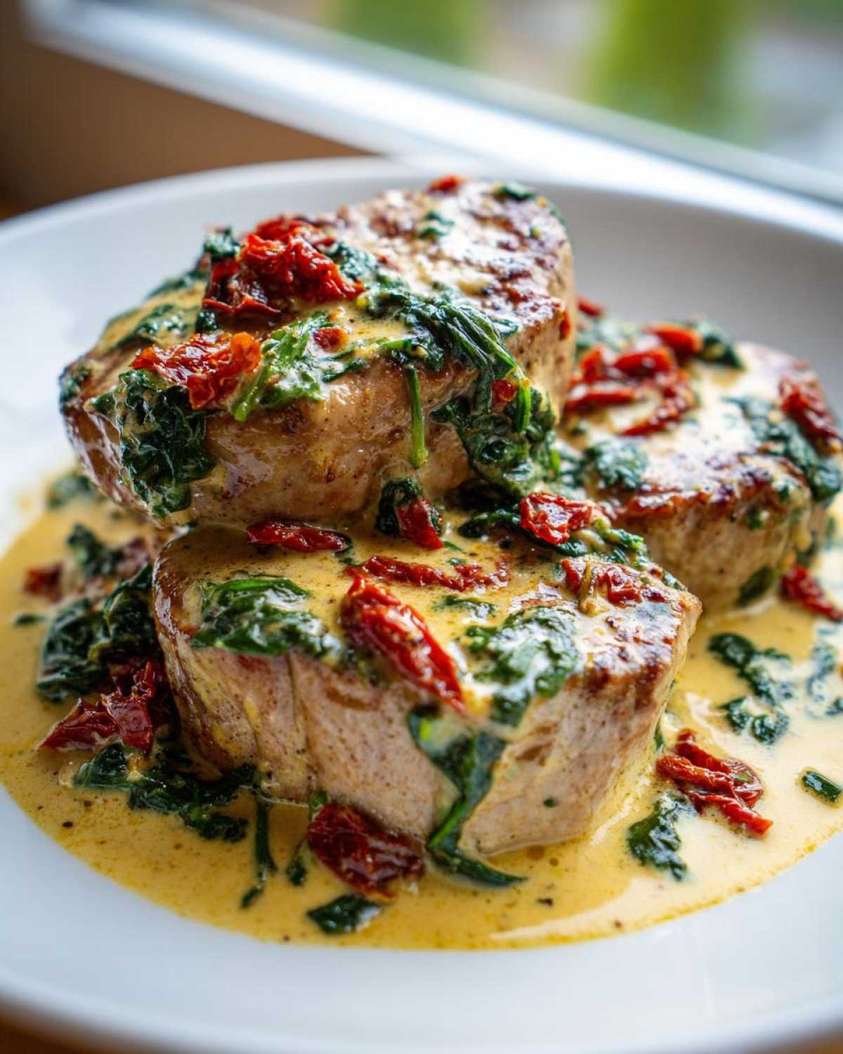 Close-up of seared One-Pan Creamy Garlic Butter Pork Tenderloin Medallions covered in rich sauce, spinach, and sun-dried tomatoes.