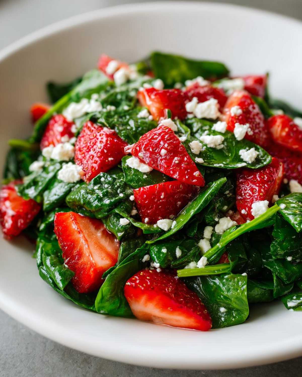 Close-up of vibrant Easy Strawberry Spinach Pasta Salad with feta cheese crumbles in a white bowl.