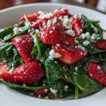 Close-up of Easy Strawberry Spinach Pasta Salad with bright red strawberries and crumbled feta cheese.