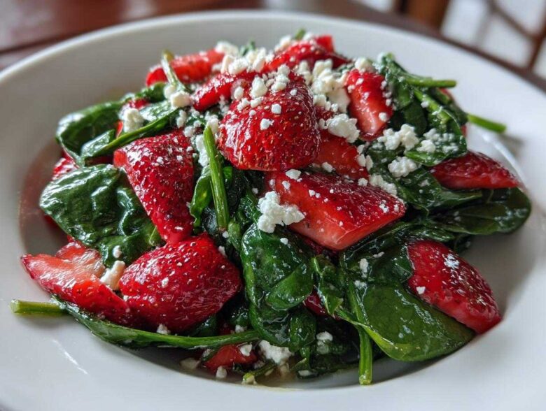 Close-up of Easy Strawberry Spinach Pasta Salad with bright red strawberries and crumbled feta cheese.