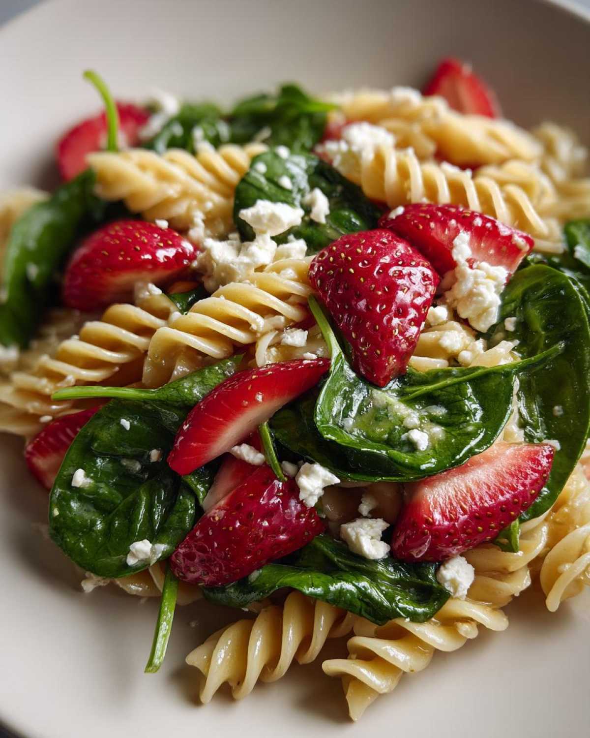 Close-up of Easy Strawberry Spinach Pasta Salad with feta crumbles, fresh spinach, and sliced strawberries mixed with rotini pasta.