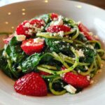 Close-up of Easy Strawberry Spinach Pasta Salad with feta crumbles, bright red strawberries, and green pasta spirals.