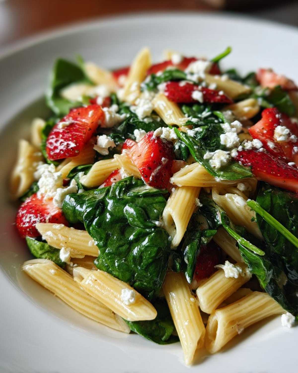 Close-up of Easy Strawberry Spinach Pasta Salad with Feta, featuring penne pasta, bright red strawberries, and wilted spinach.