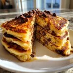A stack of fluffy Gluten-Free Chocolate Chip Banana Pancakes cut in half, topped with chocolate chips and syrup.
