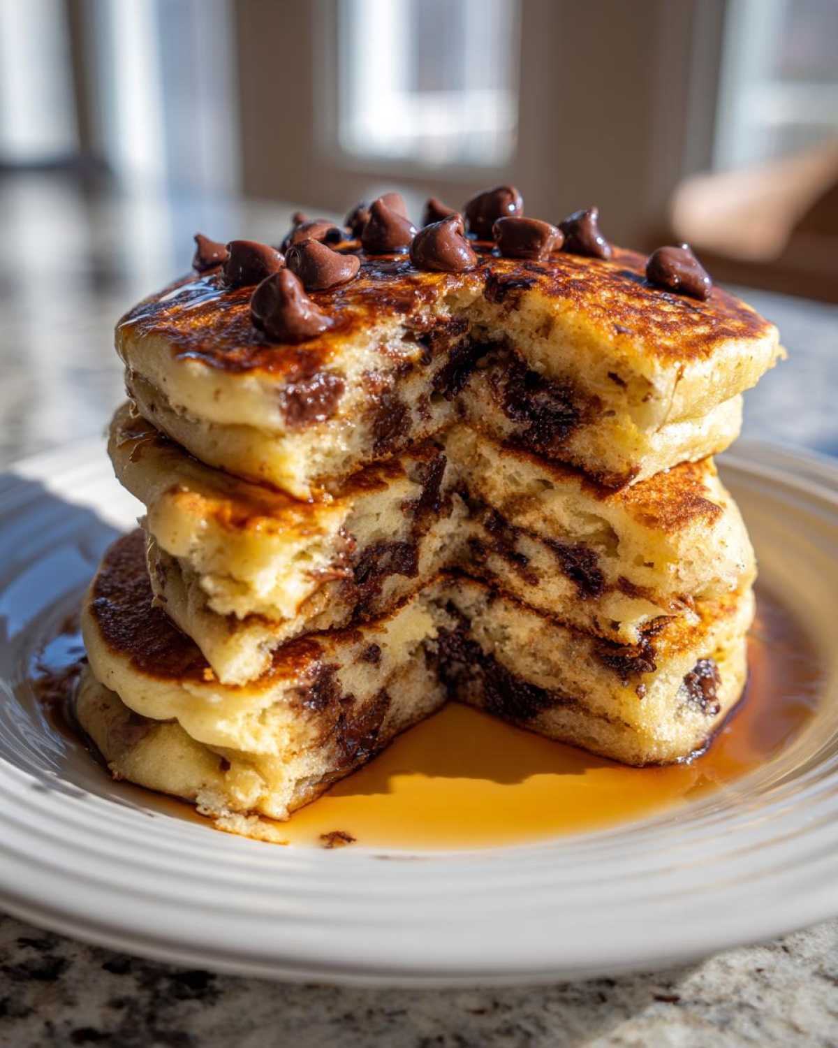 A tall stack of fluffy Gluten-Free Chocolate Chip Banana Pancakes with a bite taken out, topped with chocolate chips and syrup.