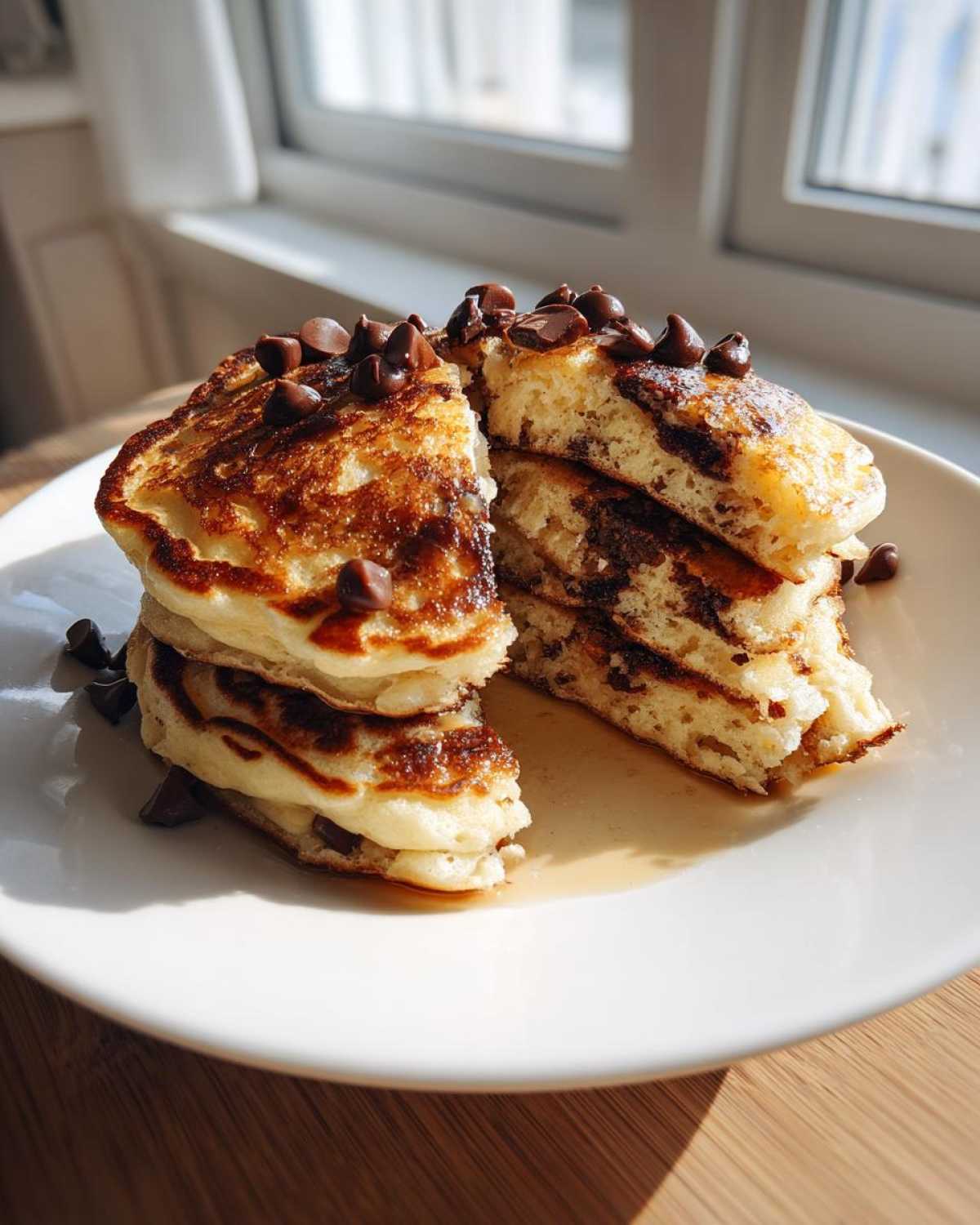 A stack of fluffy Gluten-Free Chocolate Chip Banana Pancakes, cut in half, topped with chocolate chips and syrup.