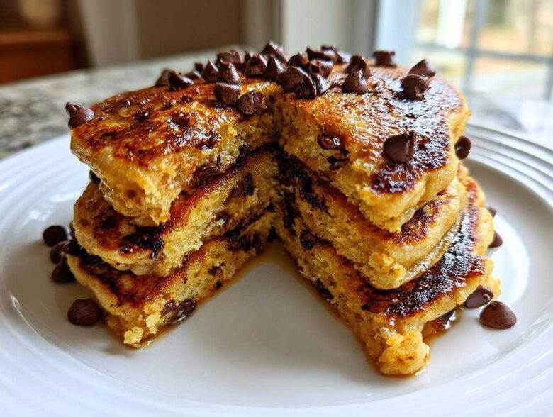 A stack of fluffy Gluten-Free Chocolate Chip Banana Pancakes cut open, drizzled with syrup and topped with chocolate chips.