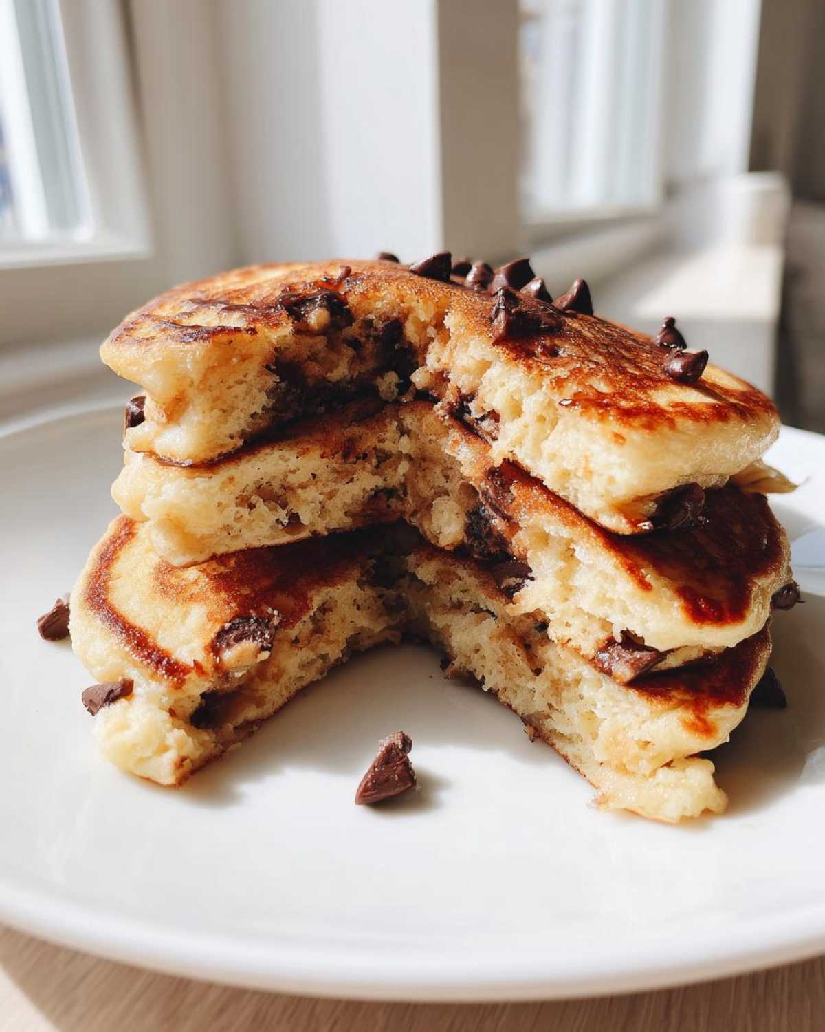 A stack of fluffy Gluten-Free Chocolate Chip Banana Pancakes cut open to show melted chocolate chips inside.