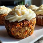 Close-up of a moist Gluten-Free Carrot Cake Cupcakes topped with thick cream cheese frosting.