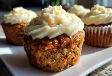 Close-up of a moist Gluten-Free Carrot Cake Cupcakes topped with thick cream cheese frosting.