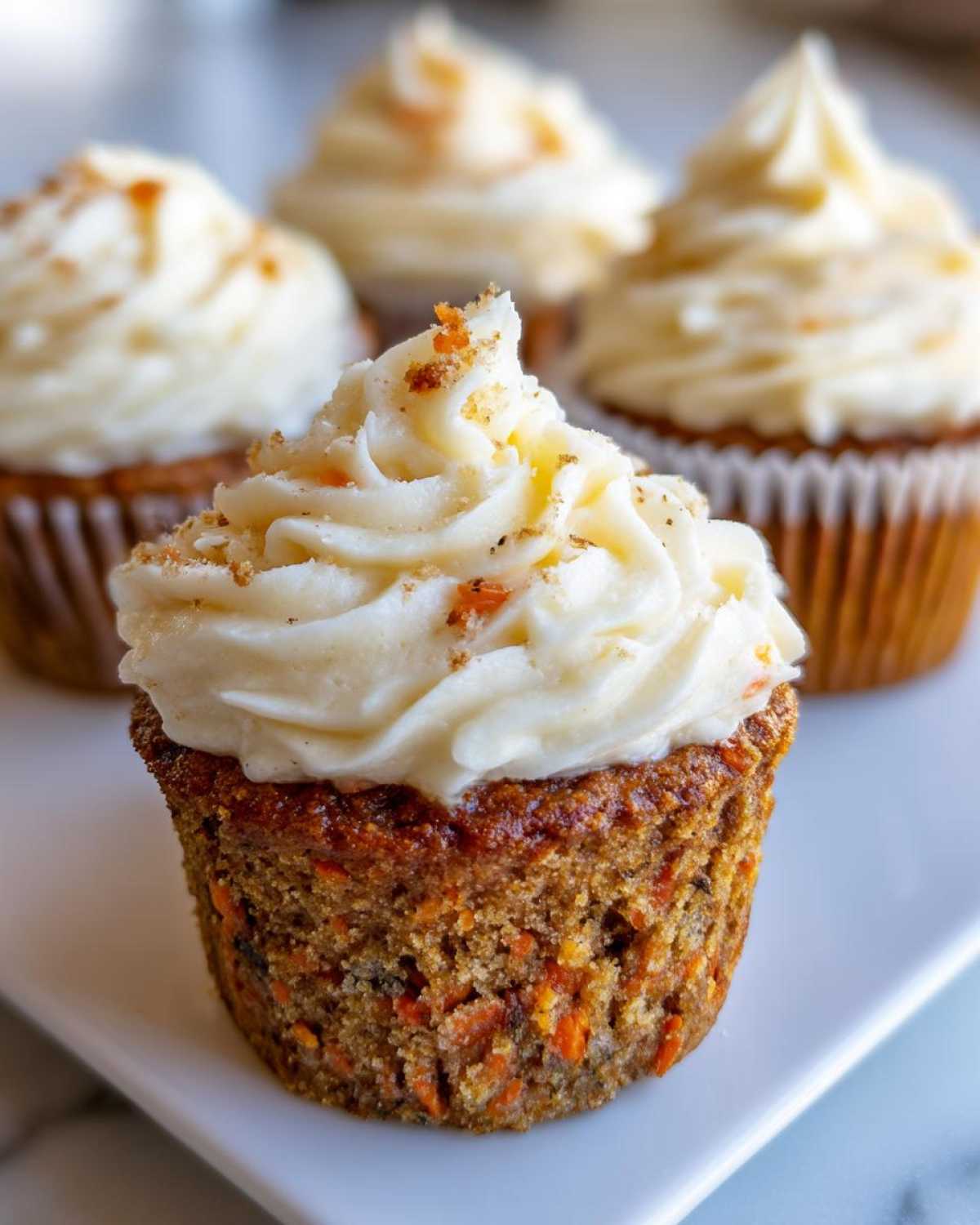 Close-up of a Gluten-Free Carrot Cake Cupcake topped with swirled cream cheese frosting and sprinkles.