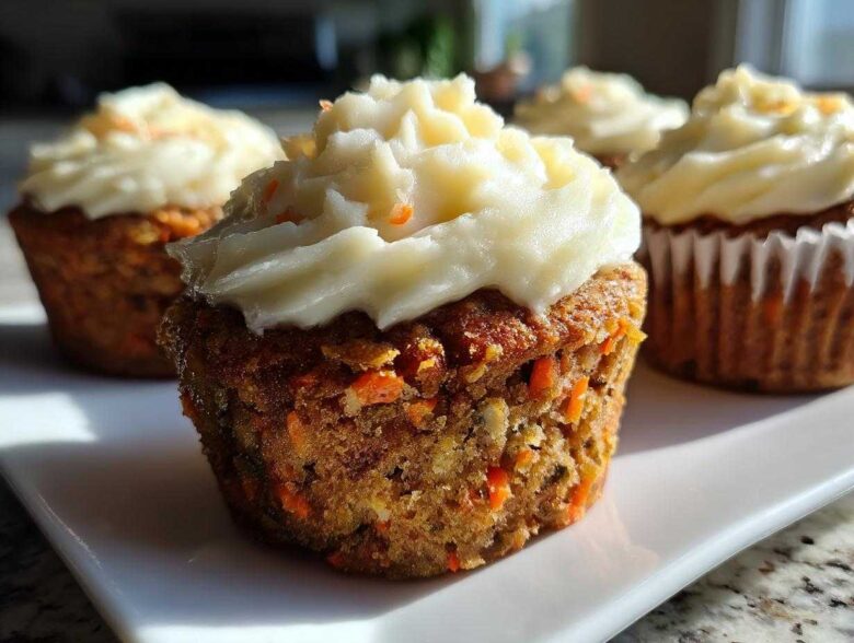 Close-up of a moist Gluten-Free Carrot Cake Cupcakes topped with thick cream cheese frosting.
