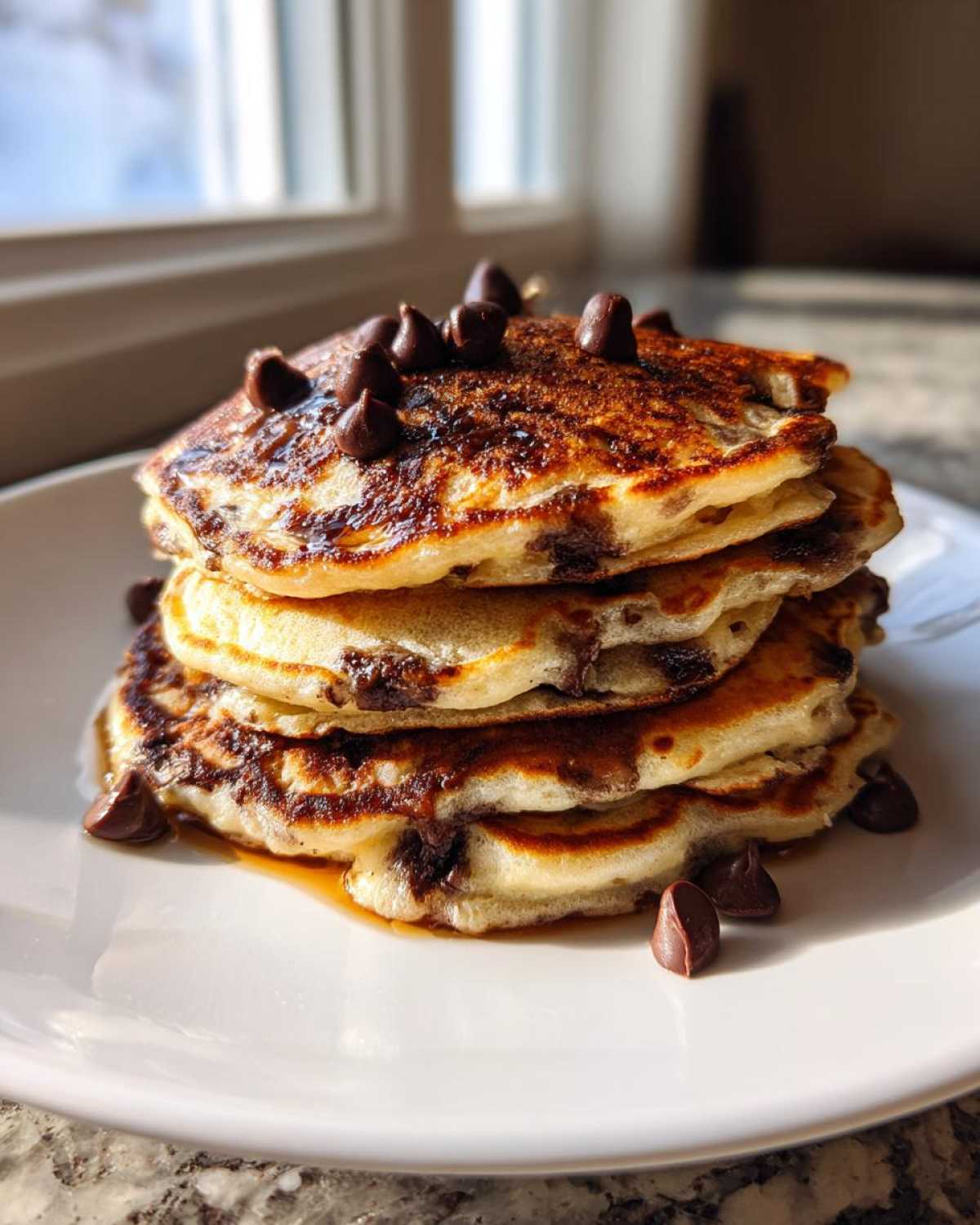 A tall stack of fluffy Gluten-Free Chocolate Chip Banana Pancakes topped with chocolate chips and syrup.