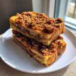 Two thick slices of Gluten-Free Cinnamon Crunch French Toast stacked on a white plate, featuring a rich, crunchy topping.
