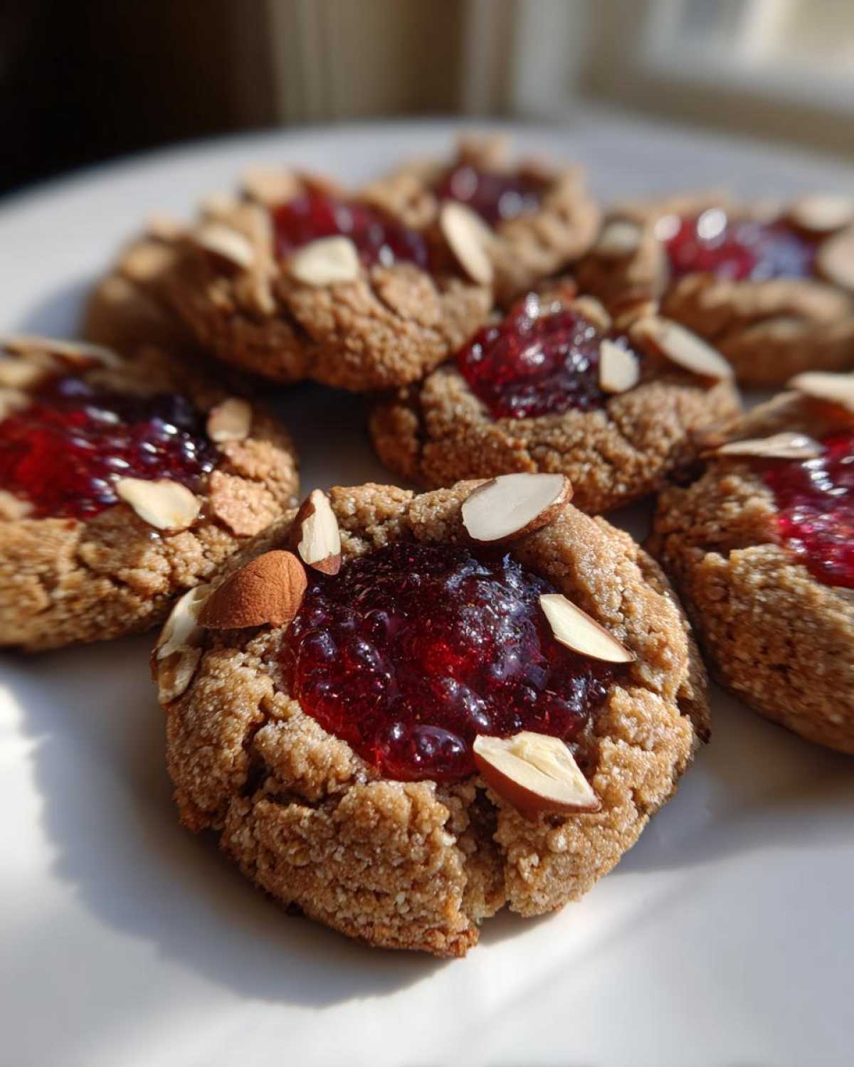 Close-up of Gluten-Free Raspberry Almond Thumbprint Cookies with bright red jam centers and slivered almonds.