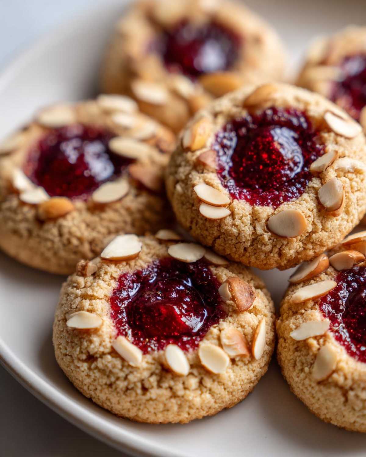 A close-up of several Gluten-Free Raspberry Almond Thumbprint Cookies topped with jam and sliced almonds on a white plate.