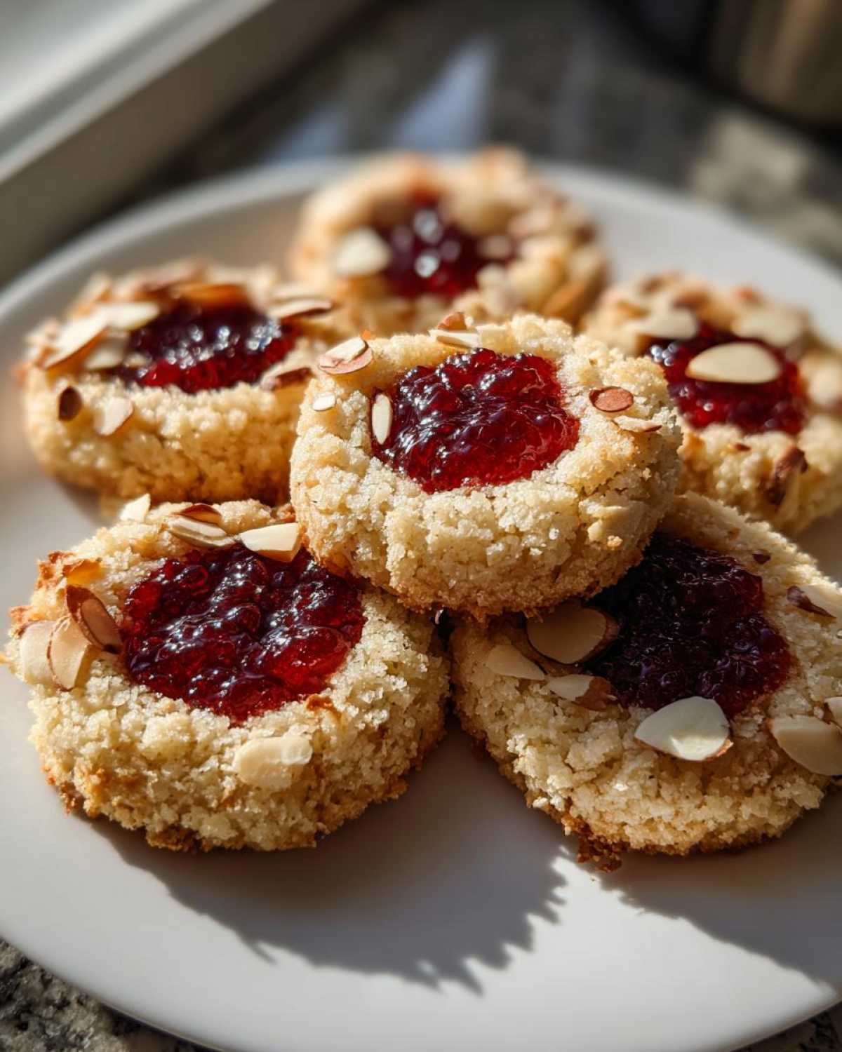 Close-up of five Gluten-Free Raspberry Almond Thumbprint Cookies topped with bright red jam and sliced almonds.