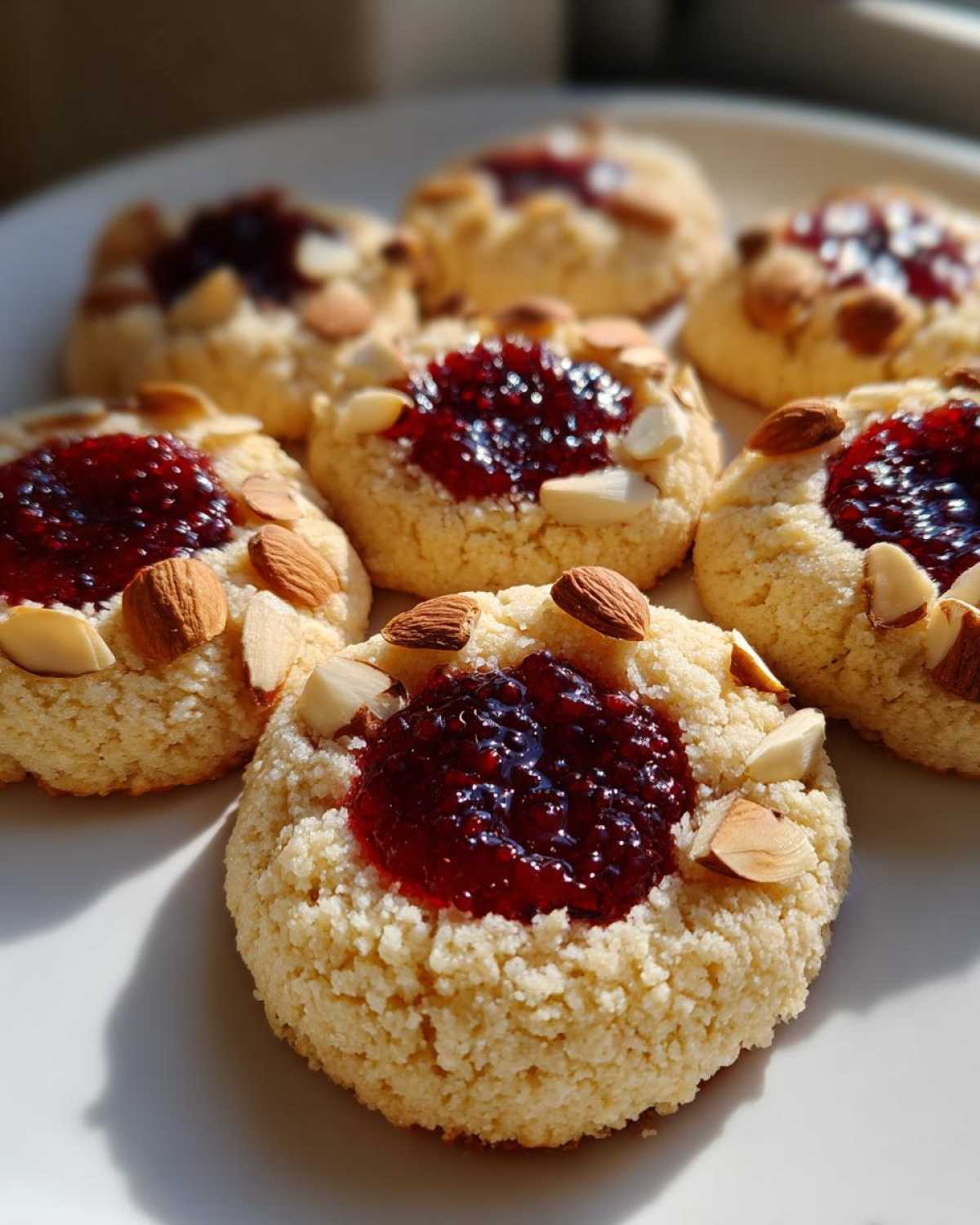 Close-up of several Gluten-Free Raspberry Almond Thumbprint Cookies topped with bright red jam and sliced almonds.