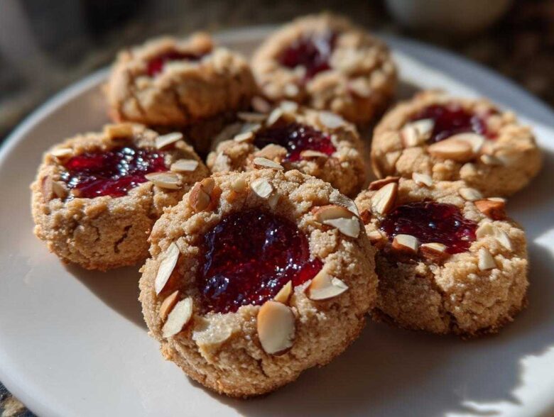 Close-up of several Gluten-Free Raspberry Almond Thumbprint Cookies topped with jam and sliced almonds.
