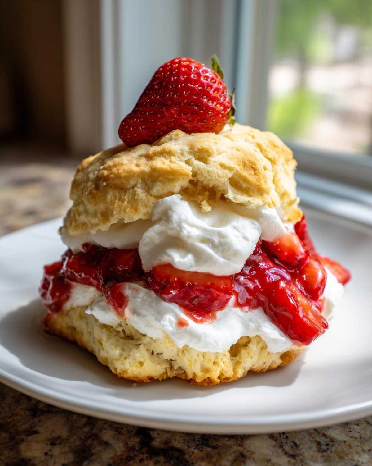 A close-up of a Gluten-Free Strawberry Shortcake Biscuits layered with whipped cream and macerated strawberries.