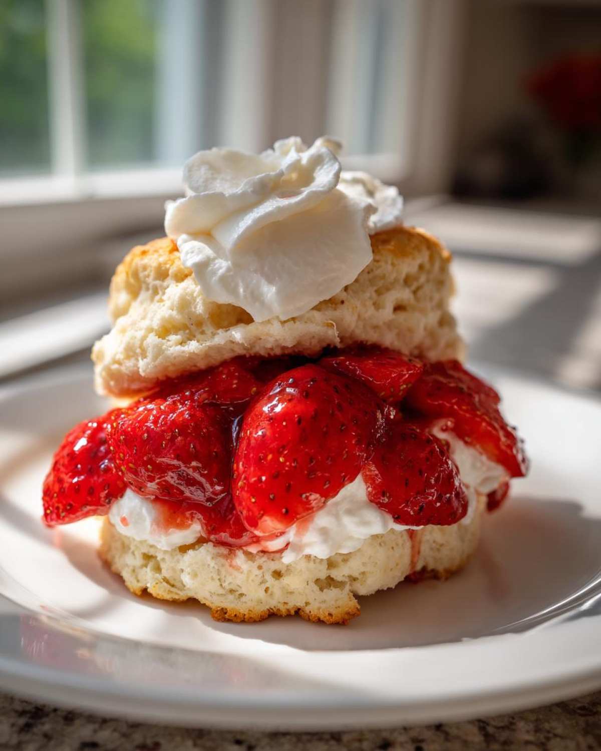 A close-up of a stack of Gluten-Free Strawberry Shortcake Biscuits layered with fresh strawberries and whipped cream.
