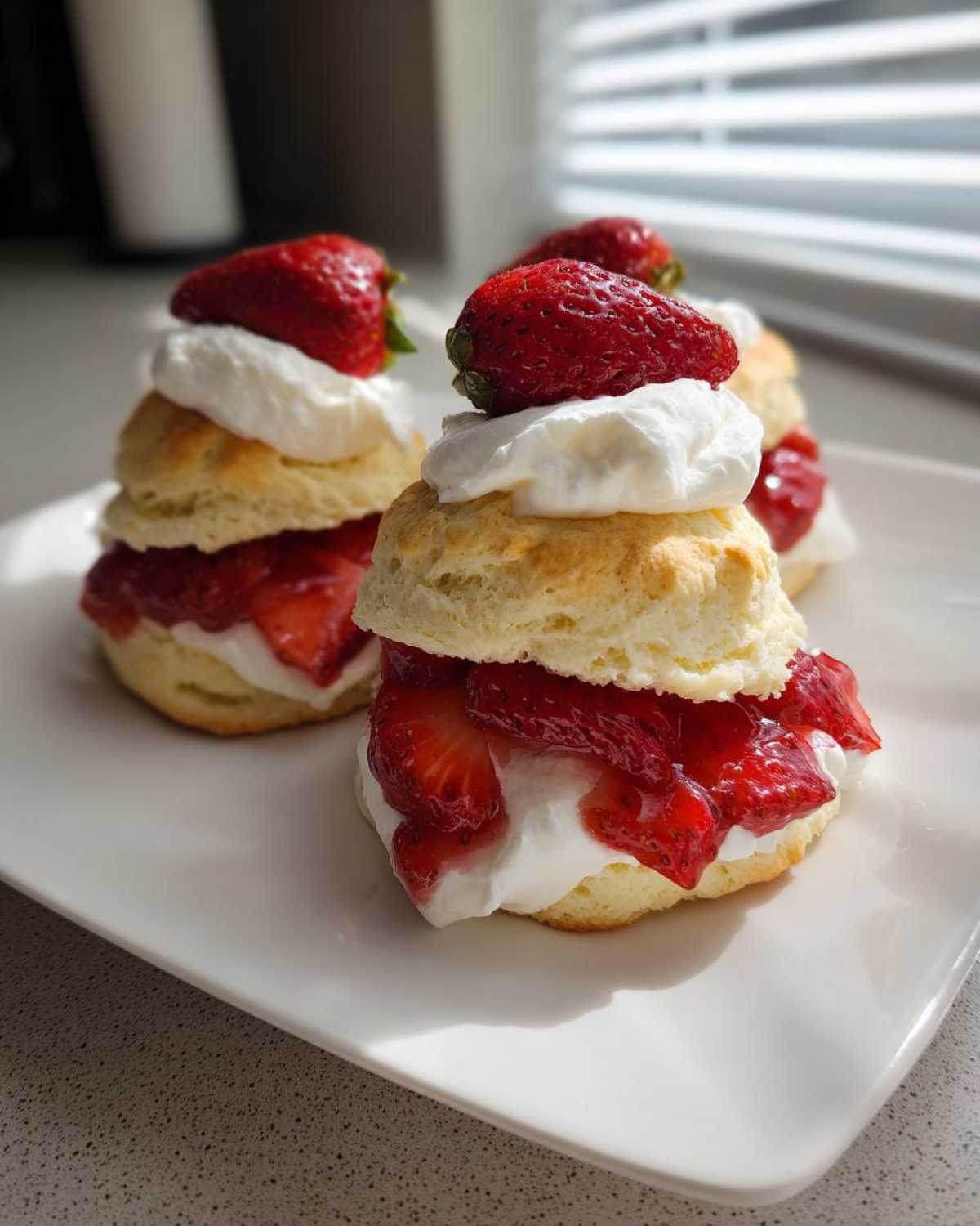 Two stacked Gluten-Free Strawberry Shortcake Biscuits filled with macerated strawberries and whipped cream, topped with a fresh strawberry.