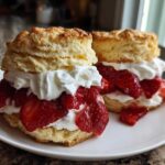 Two servings of Gluten-Free Strawberry Shortcake Biscuits layered with fresh strawberries and whipped cream on a white plate.