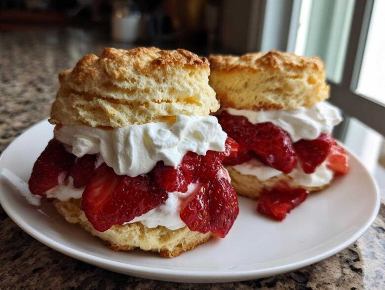 Two servings of Gluten-Free Strawberry Shortcake Biscuits layered with fresh strawberries and whipped cream on a white plate.