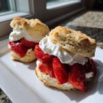 Two assembled Gluten-Free Strawberry Shortcake Biscuits filled with macerated strawberries and whipped cream.