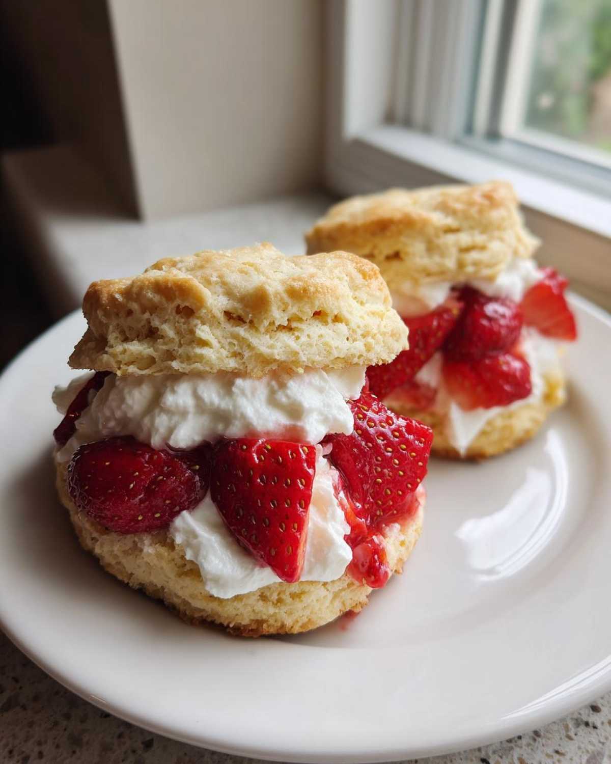 Two servings of Gluten-Free Strawberry Shortcake Biscuits filled with whipped cream and fresh strawberries on a white plate.
