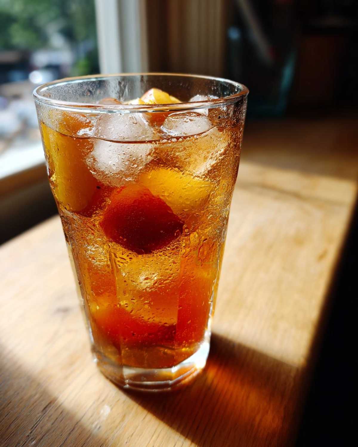 A tall glass filled with Iced Peach Green Tea, ice cubes, and visible peach slices, sweating condensation.