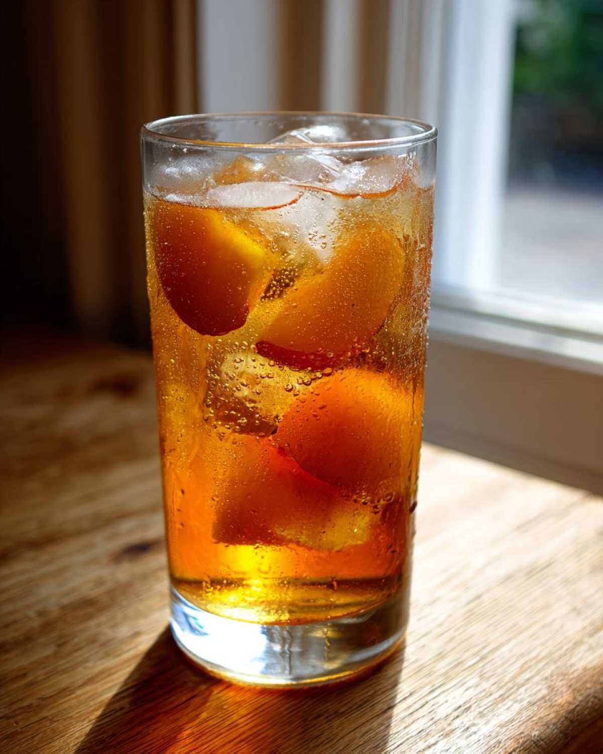 A tall, sweating glass filled with Iced Peach Green Tea, ice cubes, and slices of fresh peach.